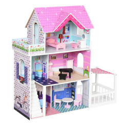 Casa de bonecas 3 andares com pátio mobília acessórios madeira 86x30x87 cm rosa