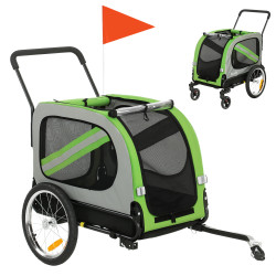 Reboque de bicicleta para cães 2 em 1 com carrinho de transporte refletores e bandeira de segurança verde