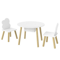 Mesa infantil com 2 cadeiras e saco de rede tema nuvem para crianças dos 3 aos 6 anos creche sala de aula branco
