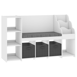 Estante infantil para brinquedos com canto de leitura almofada 3 gavetas de tecido 3 prateleiras 4 compartimentos 137x40x80 cm branco