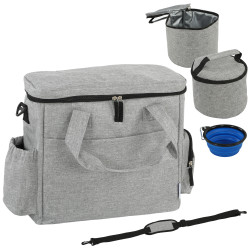 Bolsa de viagem para cães bolsa de recompensas com 2 recipientes de ração e tigela dobrável bolsos cinzento claro