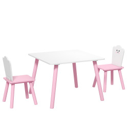 Conjunto mesa e 2 cadeiras para crianças 3-6 anos em madeira com cantos arredondados tema algodão doce rosa