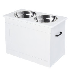 Comedouro elevado para cães com 2 tigelas de aço inoxidável e espaço de armazenamento oculto 60x30x41 cm branco
