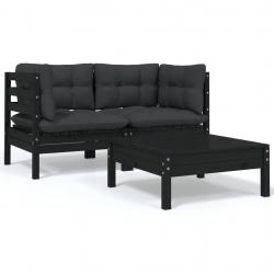 3 pcs conjunto lounge jardim c/ almofadões pinho maciço preto - Imagen 1