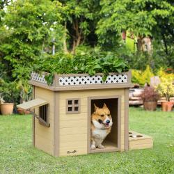 Casa para Cães de Madeira Casa para Cães Pequenos com 2 Janelas 2 Tigelas de Aço Inoxidável e Espaço de Cultivo para Interior e 