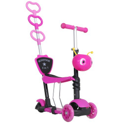 Trotinete 5 em 1 para crianças com 3 rodas assento removível e guiador ajustável carga máxima 50 kg 62x25x72,5 cm rosa