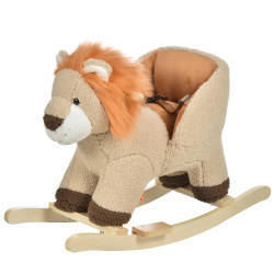 Baloiço infantil em forma de leão de pelúcia para bebés 18-39 meses com som cinto de segurança guidão apoio para os pés 68x35x50cm marrom