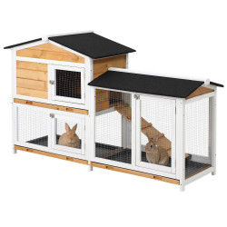 Coelheira de madeira exterior gaiola para coelhos de 2 níveis com teto asfáltico 2 cercados de metal bandeja removível 3 portas e rampa 157,4x53x93,5cm natural