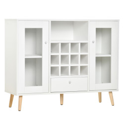 Aparador de cozinha armário de armazenamento com 12 suportes para garrafas e 3 estantes portas de vidro 100x33x80cm branco